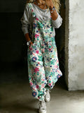 Women’s Vintage Floral Art Print Casual One Piece Denim Jumpsuit