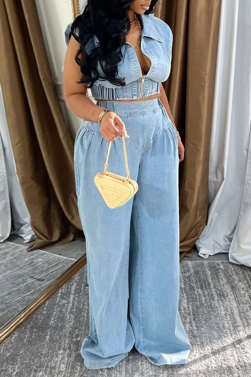 Women's Collar Zipper Short Top+pants Casual Set