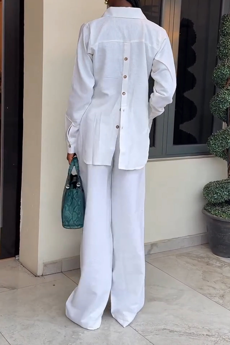 Women Collar Side Slit Shirt + Wide Leg Pants Casual Set