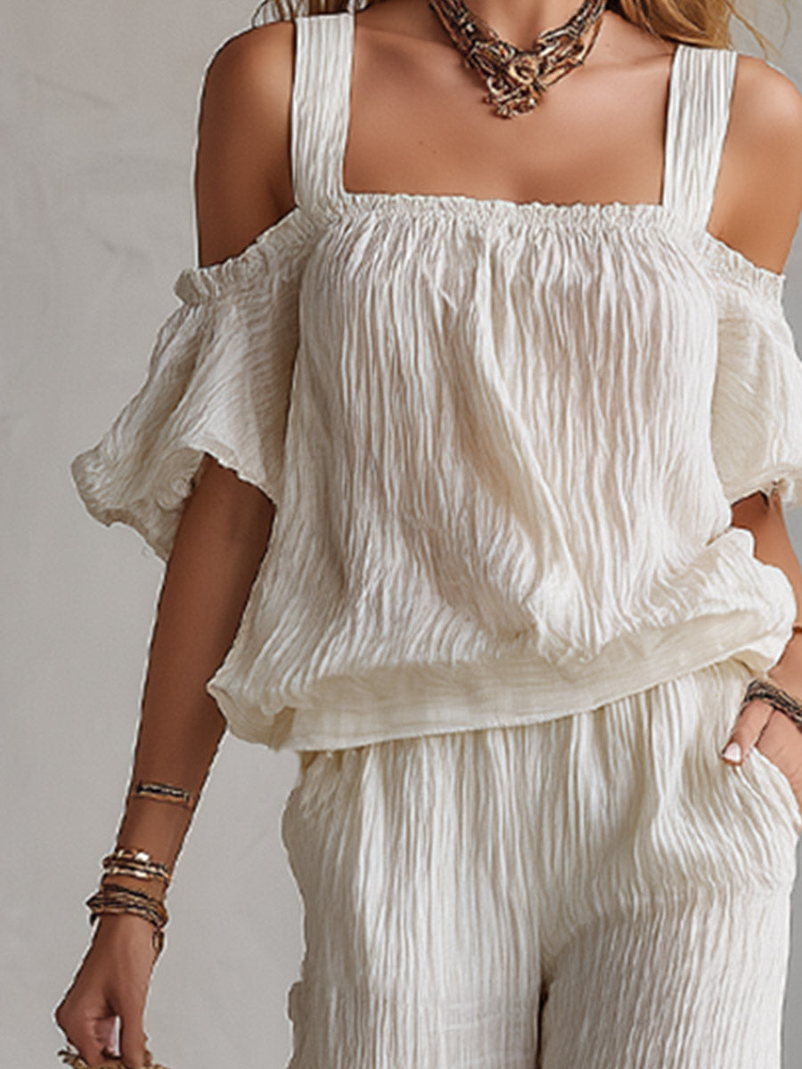 Minimalist Urban White T-Shirt & Wide-Leg Pants Crinkled Cotton-Linen Set