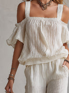 Minimalist Urban White T-Shirt & Wide-Leg Pants Crinkled Cotton-Linen Set