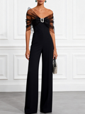Women Black Mesh Rhinestone V Neck Short Sleeve Elegant Jumpsuit