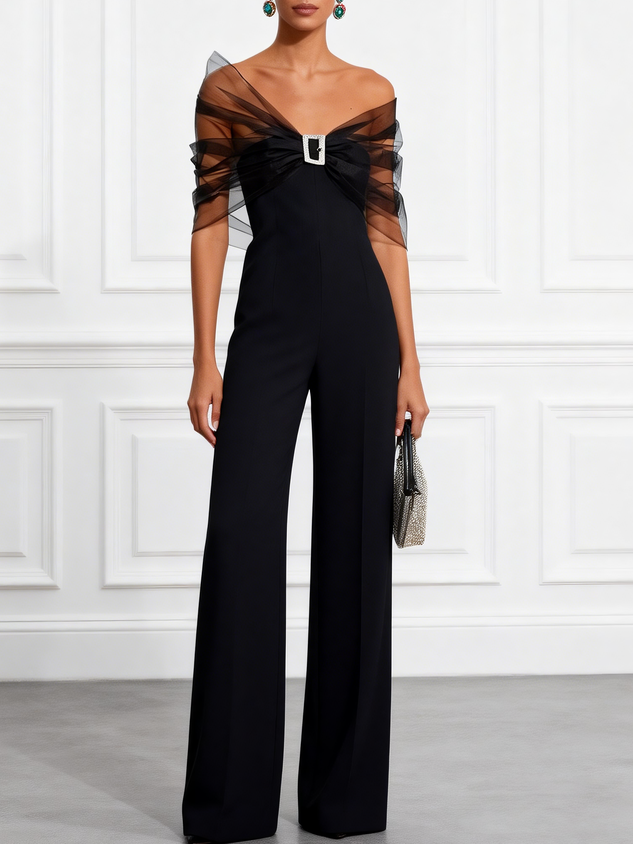 Women Black Mesh Rhinestone V Neck Short Sleeve Elegant Jumpsuit