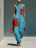 Women’s Blue Linen-Blend Sleeveless Jumpsuit With Red Patch Pockets & Half-Zip Stand Collar MDZ0982E4T