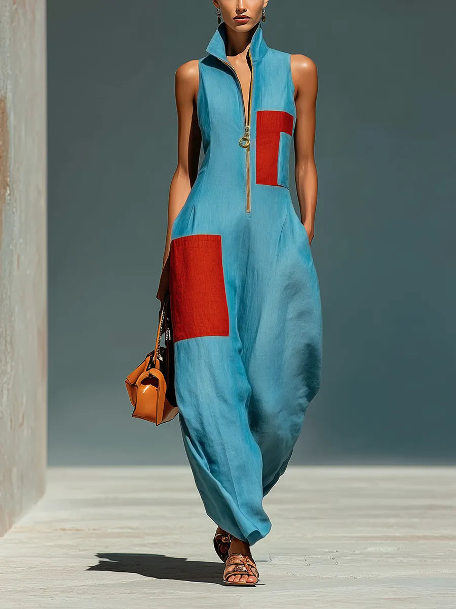 Women’s Blue Linen-Blend Sleeveless Jumpsuit With Red Patch Pockets & Half-Zip Stand Collar MDZ0982E4T