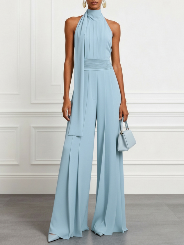 Women Cyan Ruched Halter Mock Neck Sleeveless Dressy Jumpsuit