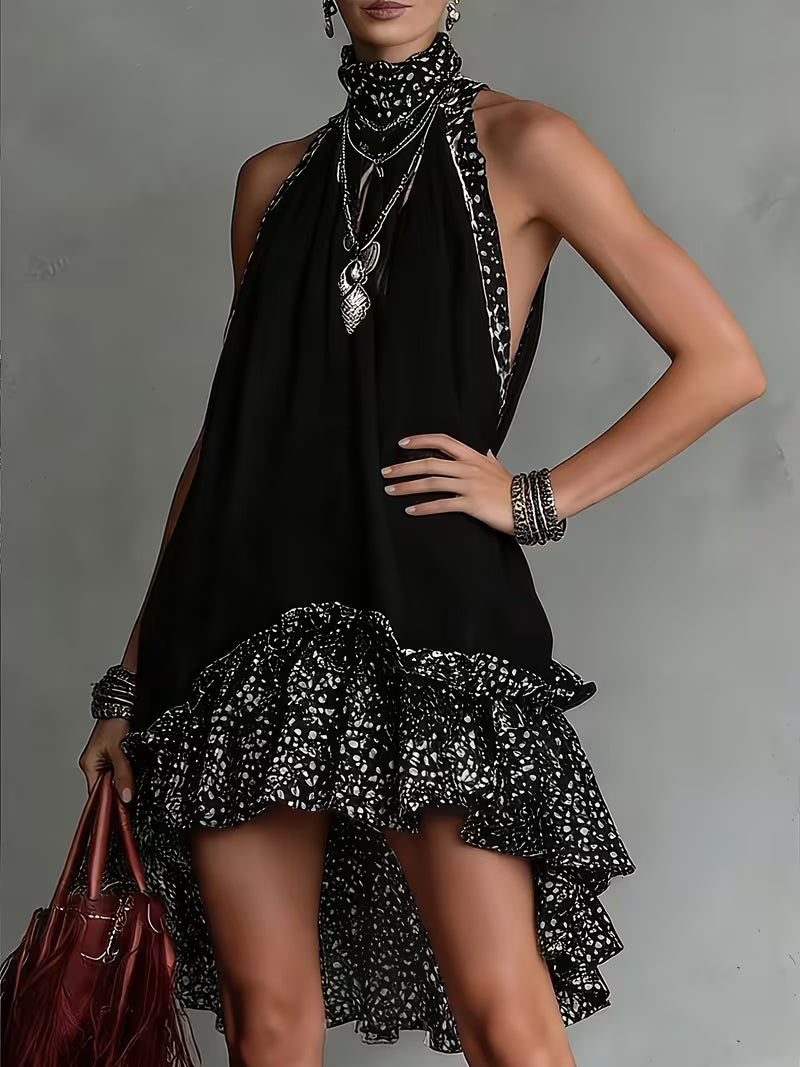 Black Polka Dot Neckline Bohemian Chiffon Ruffled Trim Mini Dress