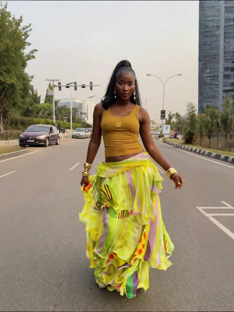 Lemon Yellow Abstract Ruffle Wrap Skirt