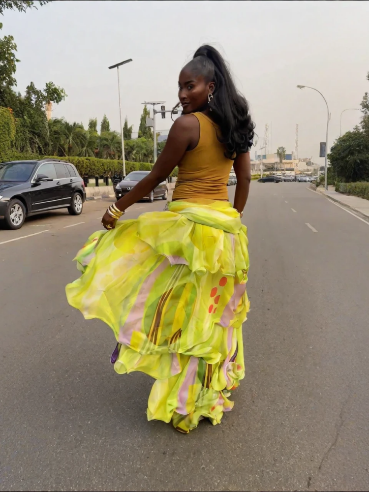Lemon Yellow Abstract Ruffle Wrap Skirt
