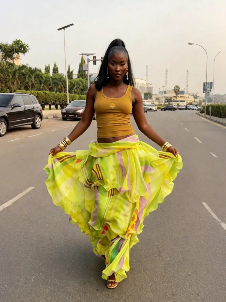 Lemon Yellow Abstract Ruffle Wrap Skirt