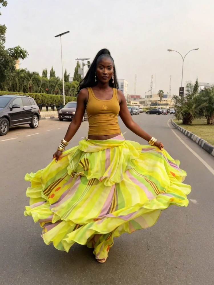 Lemon Yellow Abstract Ruffle Wrap Skirt