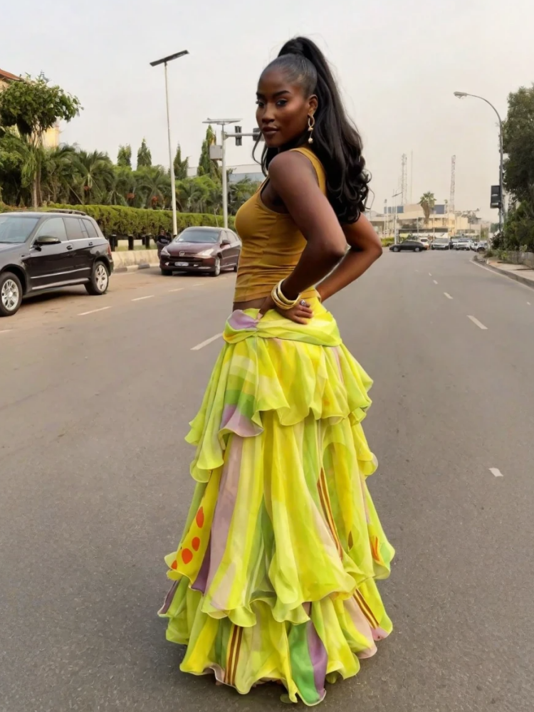 Lemon Yellow Abstract Ruffle Wrap Skirt