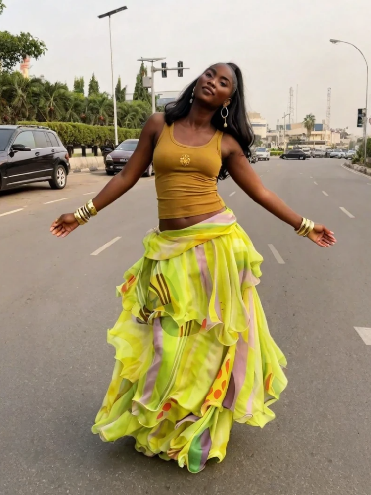 Lemon Yellow Abstract Ruffle Wrap Skirt