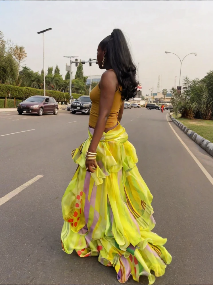 Lemon Yellow Abstract Ruffle Wrap Skirt