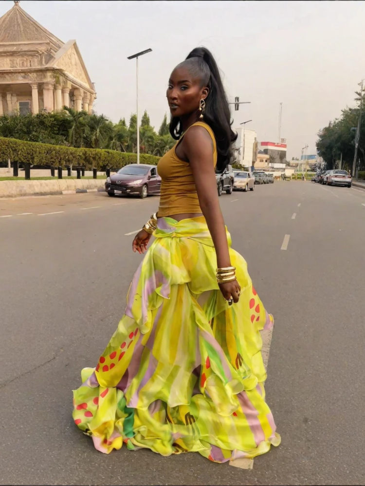 Lemon Yellow Abstract Ruffle Wrap Skirt