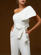 Women White Bow One Shoulder Wide-Leg Jumpsuit
