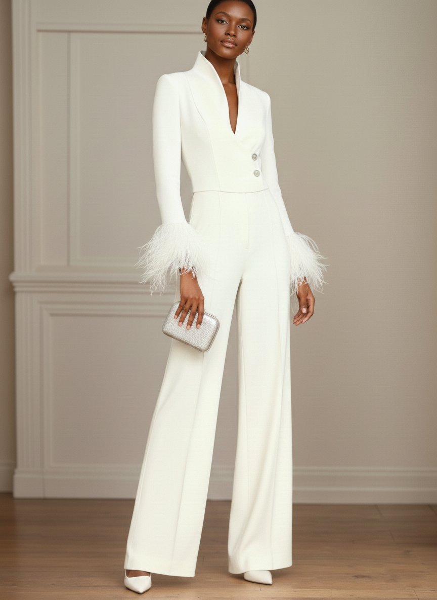 Women White Feather-trimmed Buckle Mock Neck Long Sleeve Dressy Jumpsuit