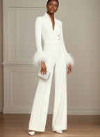 Women White Feather-trimmed Buckle Mock Neck Long Sleeve Dressy Jumpsuit