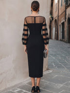 Black Sheer Mesh Striped Sleeve Pencil Midi Dress