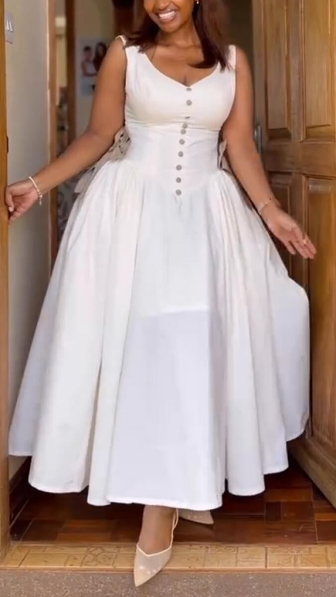 Womens V-neck Buckle Splicing Waist Cinching Elegant Casual Dress