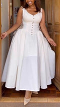 Womens V-neck Buckle Splicing Waist Cinching Elegant Casual Dress