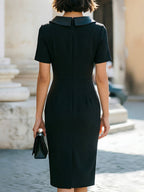 Black Satin Collar Short-Sleeve Sheath Midi Dress