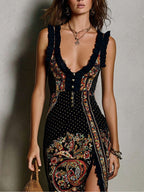Bohemian-Style Printed Dress with Deep V-Neck and High Slit