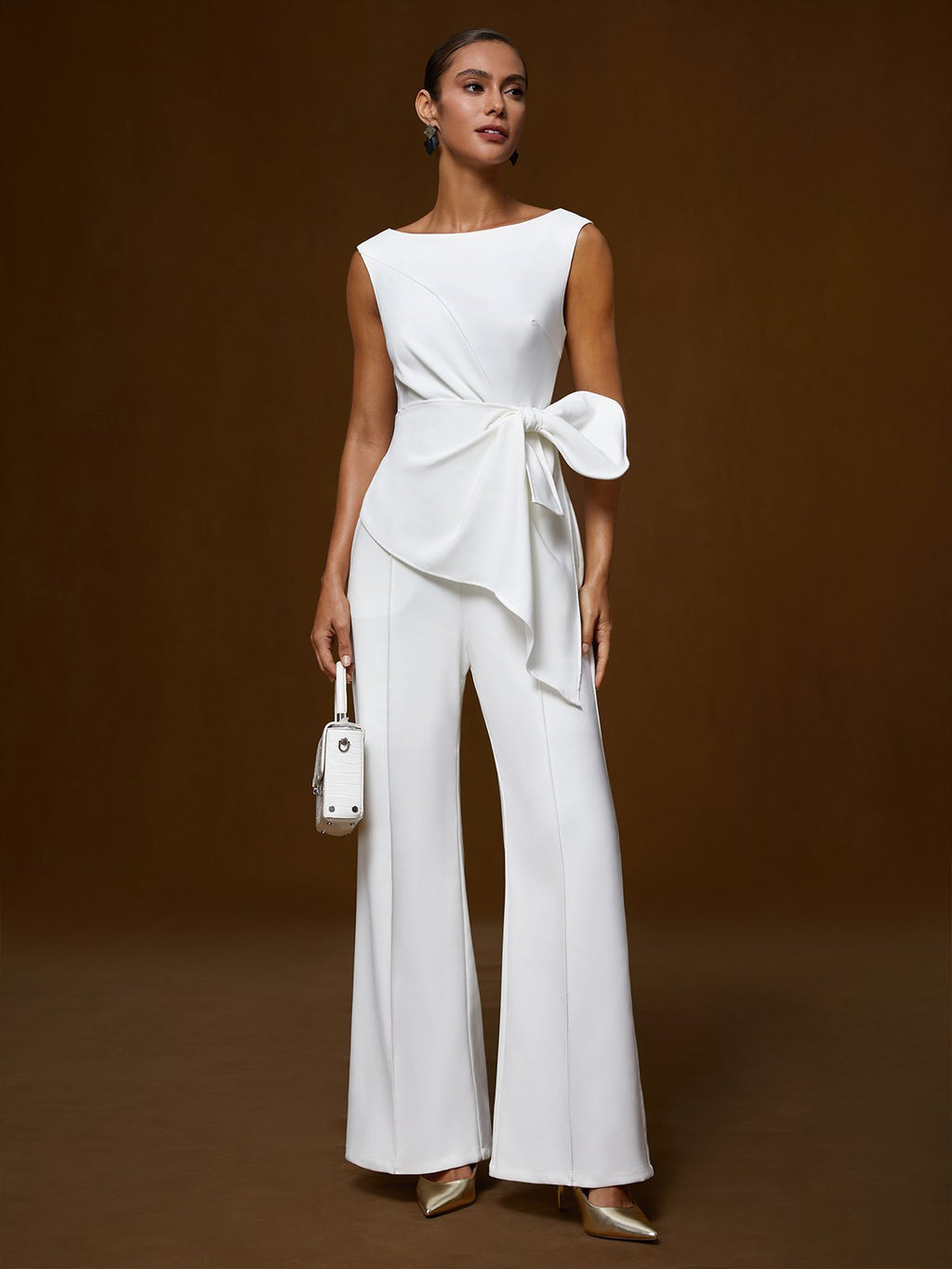 Women White Boat Neck Sleeveless Bow Wide-Leg Jumpsuit