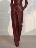Women Burgundy Faux Leather Pocket Stitching Strapless Sleeveless Modern Jumpsuit