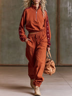 Casual Sporty Retro Five-Pointed Star Brick Red Pure Cotton Sweatshirt And Pants Set