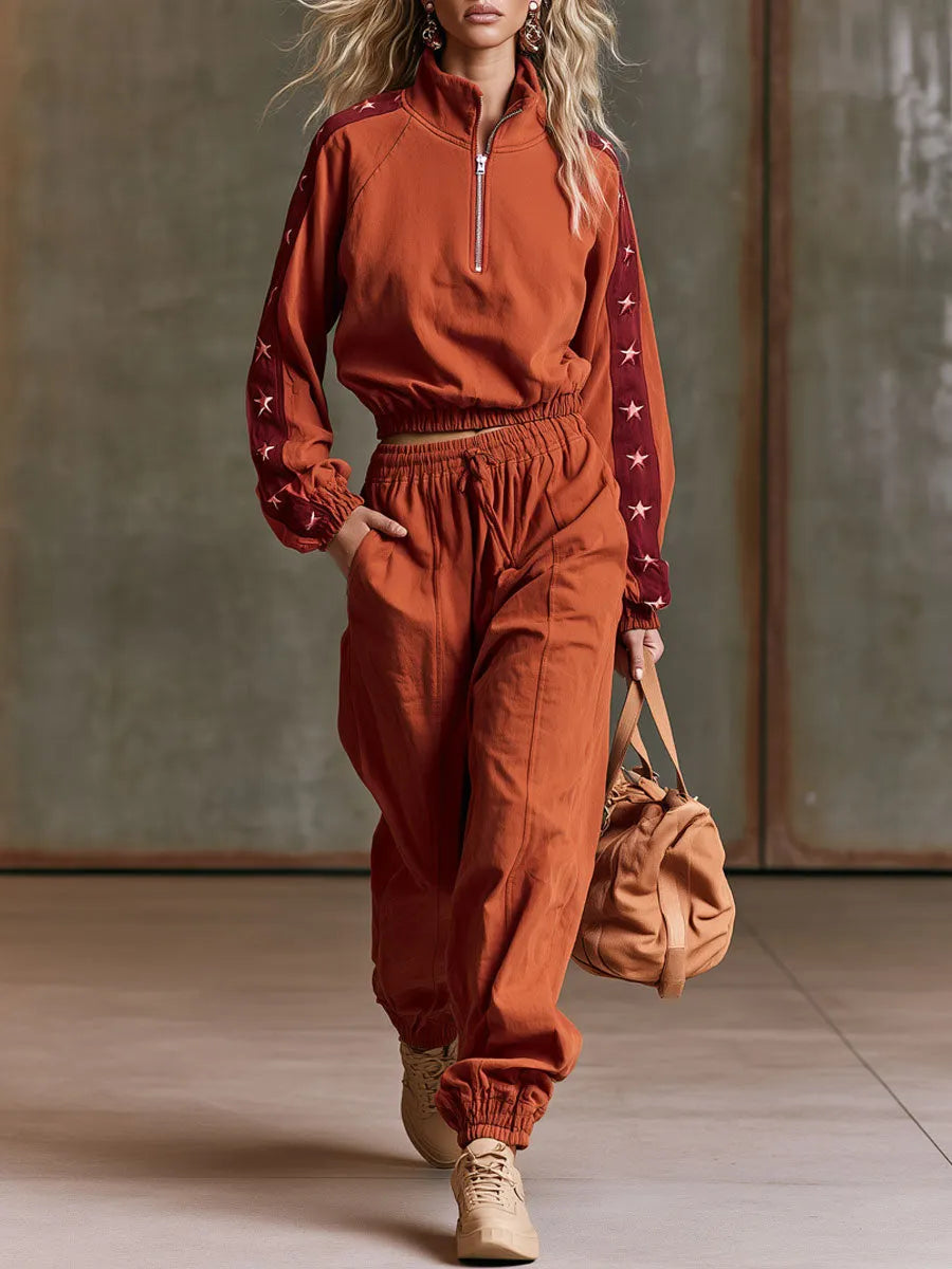 Casual Sporty Retro Five-Pointed Star Brick Red Pure Cotton Sweatshirt And Pants Set