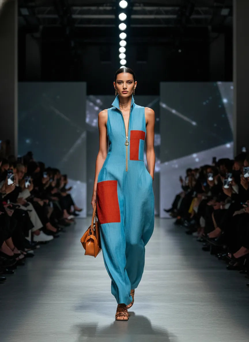 Women’s Blue Linen-Blend Sleeveless Jumpsuit With Red Patch Pockets & Half-Zip Stand Collar MDZ0982E4T