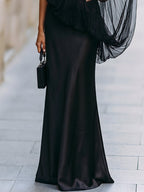 One-shoulder satin mermaid gown with a sheer tulle overlay