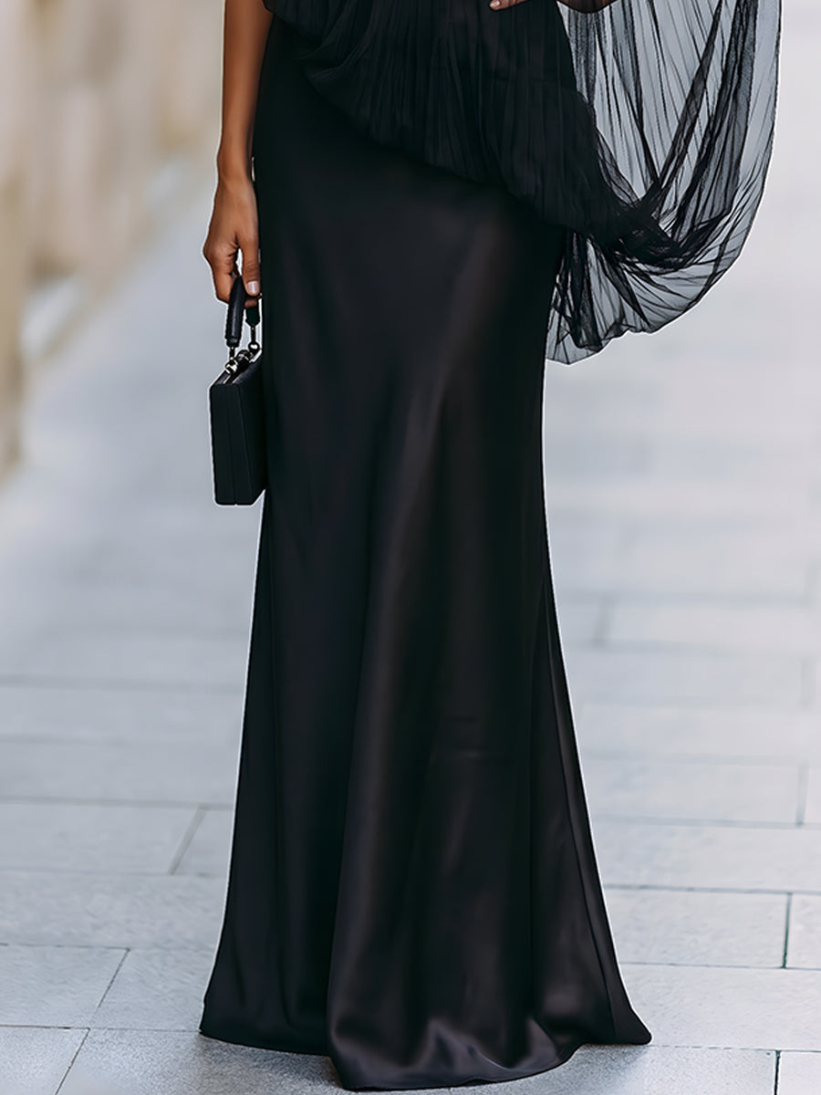 One-shoulder satin mermaid gown with a sheer tulle overlay
