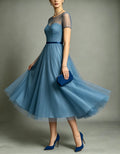 Dusty Blue Sheer Mesh Satin Round Neck Tulle Midi Formal Dress
