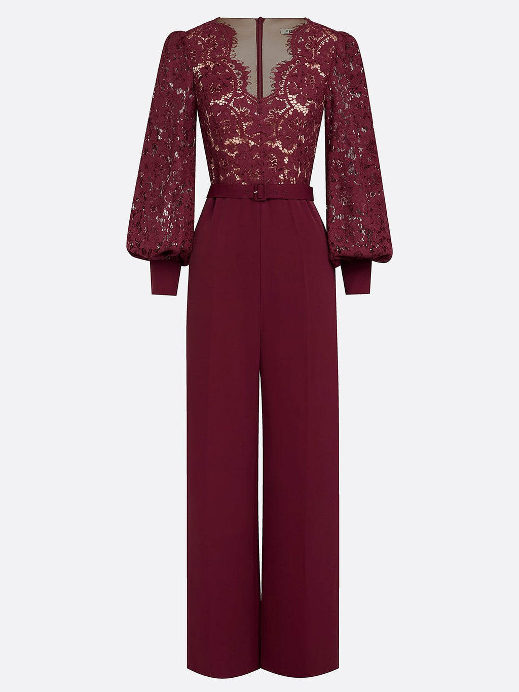 Women Burgundy Lace V Neck Long Sleeve Balloon Sleeve Dressy Jumpsuit