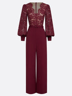 Women Burgundy Lace V Neck Long Sleeve Balloon Sleeve Dressy Jumpsuit