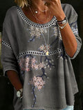 Women's Vintage Flower Casual Loose Denim Blouse Shirt