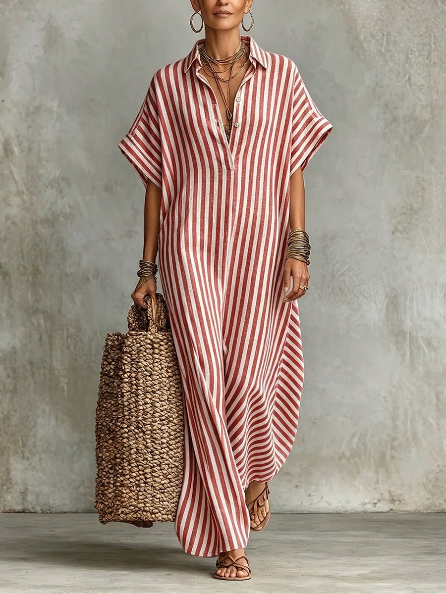 Cozy Classic Striped Cotton-linen Maxi Dress