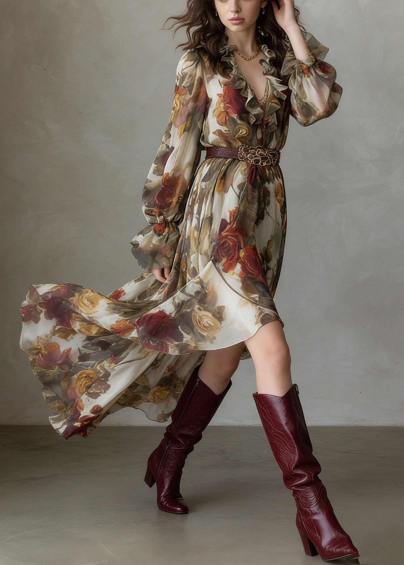 Romantic Floral Print V-Neck Ruffled Chiffon Maxi Dress