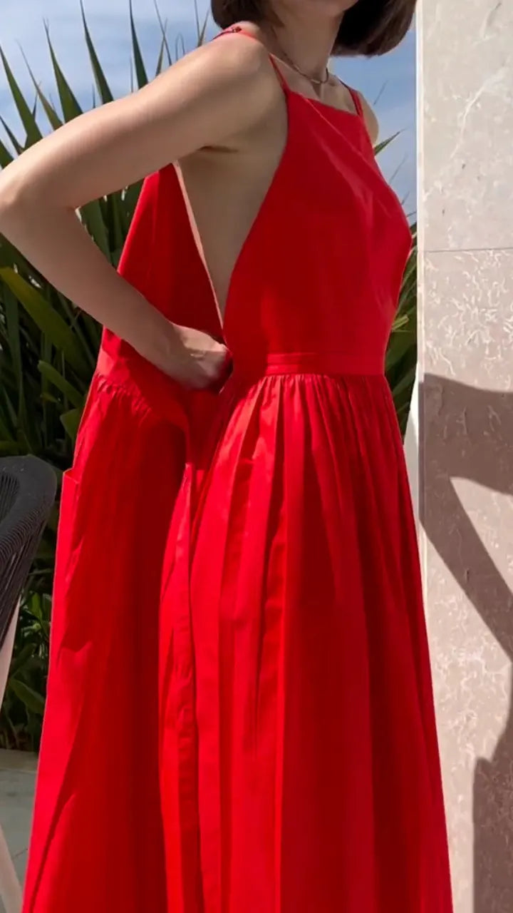 Square Neck Strap Midi Linen-Blend Dress