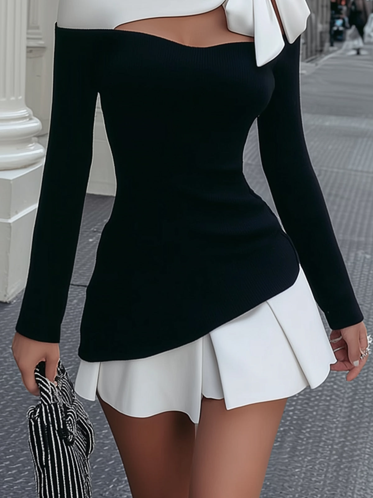 Black And White Stitched Strappy Bow Tie Mini Dress