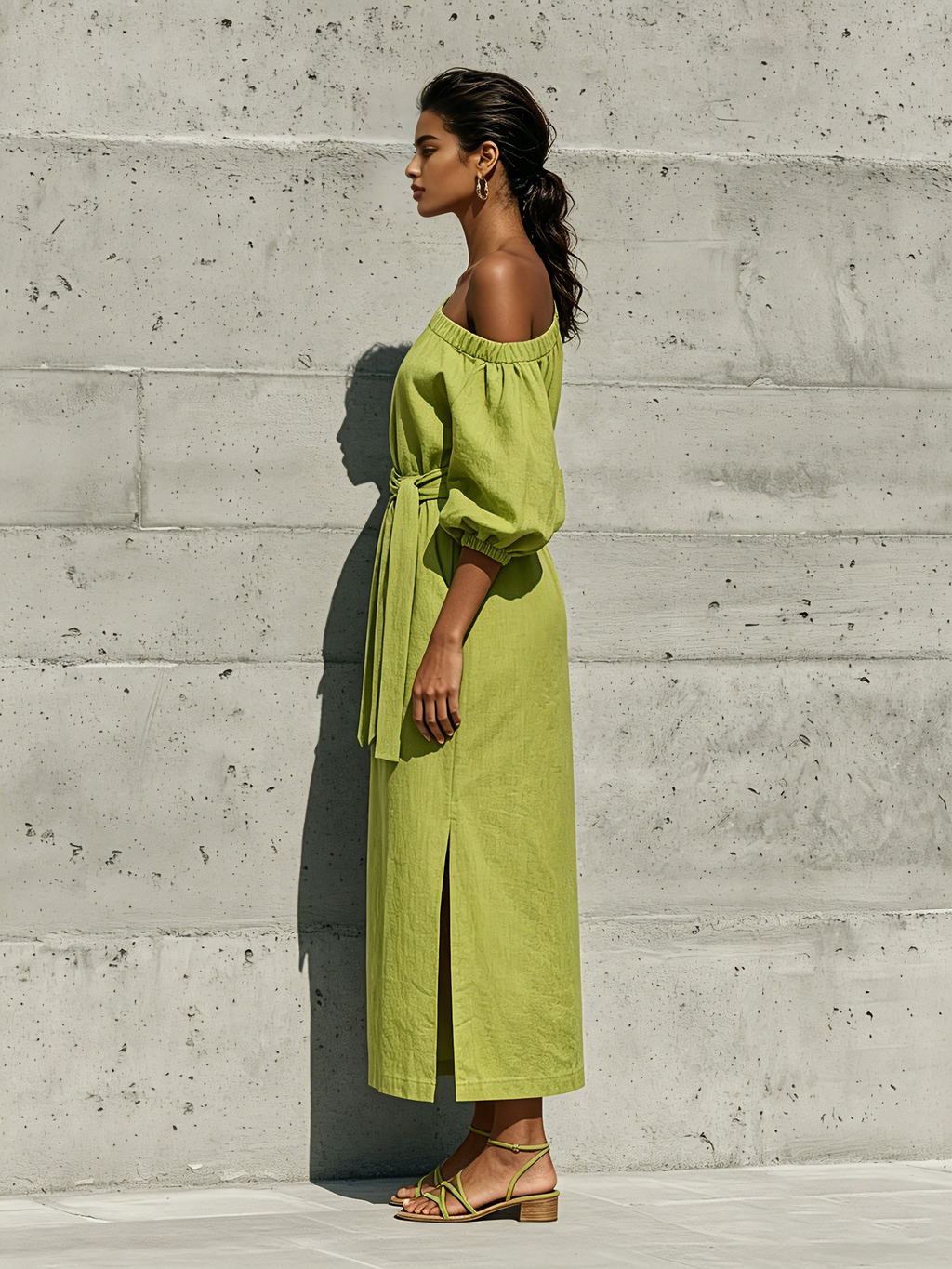 Women’s Lime Green Linen-Blend Off-The-Shoulder Puff Sleeve Tie Waist Midi Dress With Side Slit MDZ1150F0T