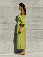 Women’s Lime Green Linen-Blend Off-The-Shoulder Puff Sleeve Tie Waist Midi Dress With Side Slit MDZ1150F0T