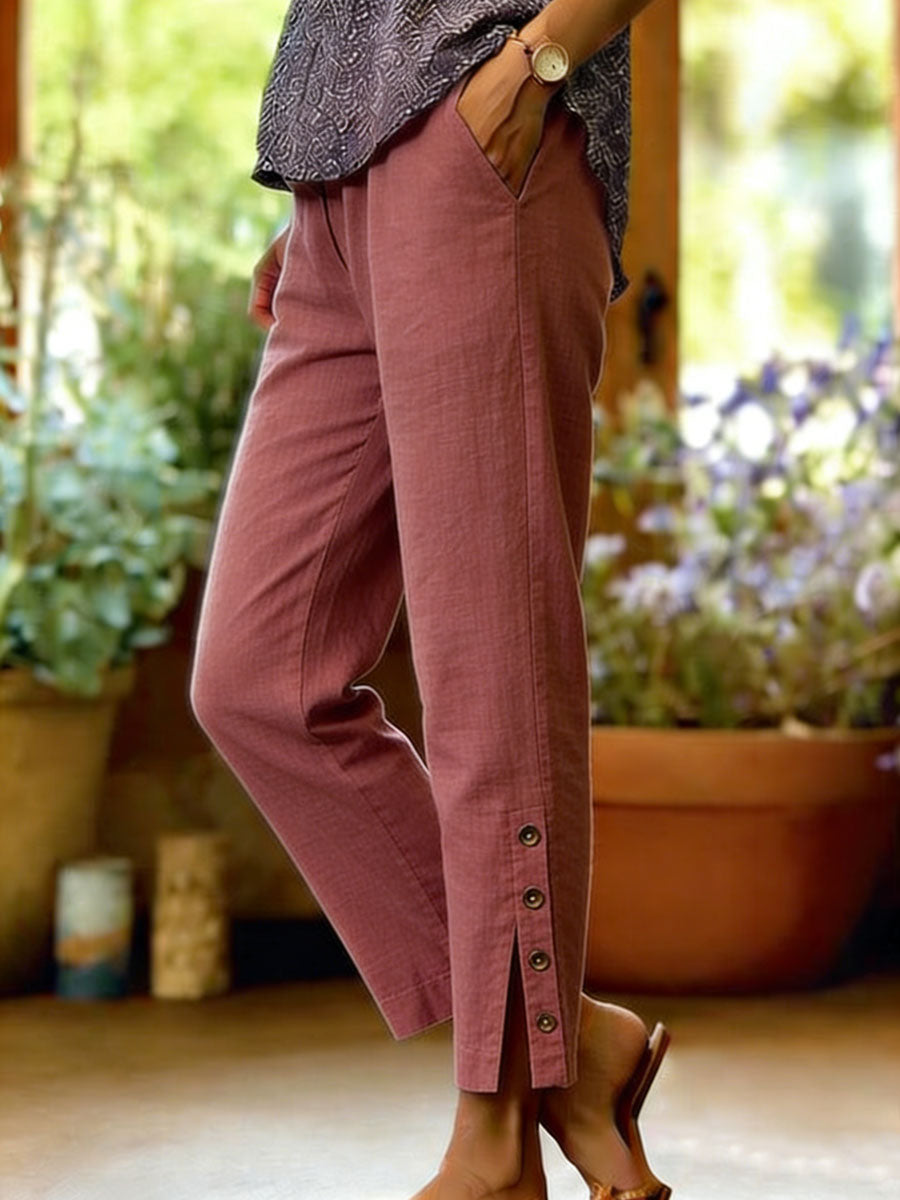 Women's Cotton-linen Button Slit Solid-color Loose-fit Casual Trousers