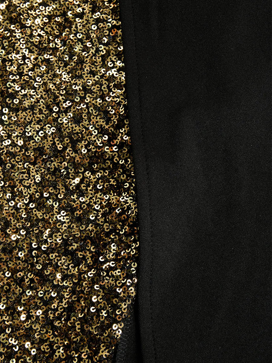 Elegant Black And Gold Sequin High-Neck Slit Maxi Dress