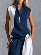 Casual Retro Blue And White Color-blocked Sleeveless Stand-collar Cotton Top And Pants Set