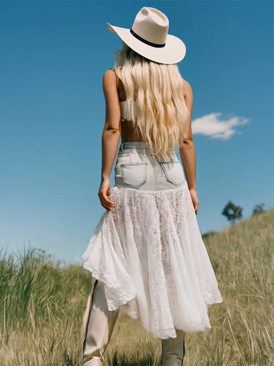 Romantic And Fashionable Short Front And Long Back Lace Patchwork Denim Skirt