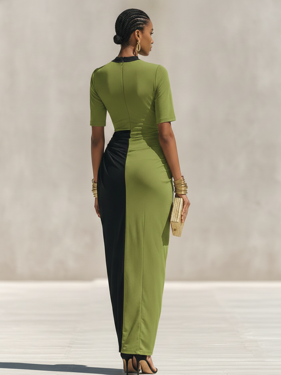 Women's Black & Olive Green Color-Block Jersey Maxi Dress With High Neck & Waist Ruched Detail, Elegant Bodycon Evening Dress MDZ0948F9LYL
