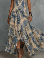 Elegant strapless printed chiffon maxi dress with  ruffles